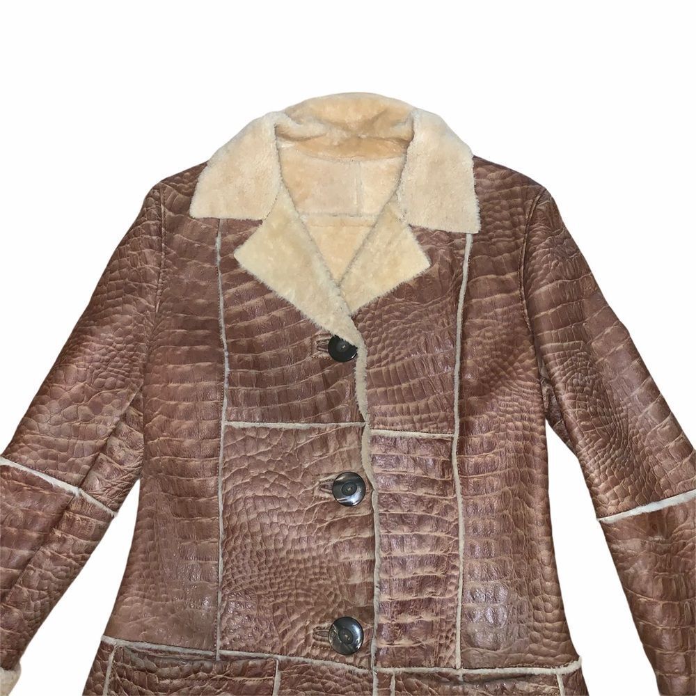 Vintage D&G Dolce & Gabbana Shearling Coat Croc Embossed Leather Brown (400) - Picture 3 of 12
